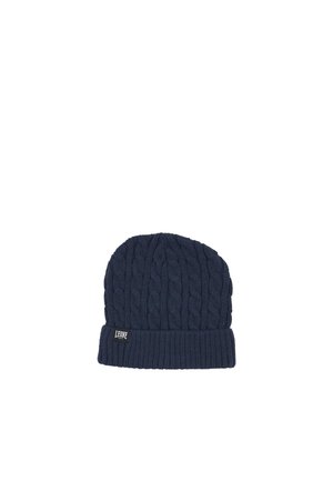 Bonnet bleu marine foncé en maille torsadée, avec un large revers côtelé et un petit écusson au logo Leone, sur fond blanc.