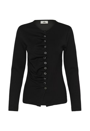 Fekete hosszú ujjú kardigán redőzött elejű és aszimmetrikus, ezüstszínű fémkarikás záródássorral.