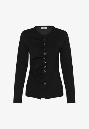 Fekete hosszú ujjú kardigán redőzött elejű és aszimmetrikus, ezüstszínű fémkarikás záródássorral.