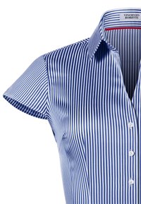 Short-sleeved blue and white striped shirt with a classic collar, featuring a button closure and smooth, shiny fabric texture.