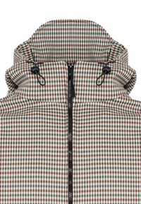 Brązowa, zielona i biała kraciasta kurtka zapinana na zamek z wysokim kołnierzem. Posiada sznureczki i czarny zamek z przodu. Teksturowana tkanina.