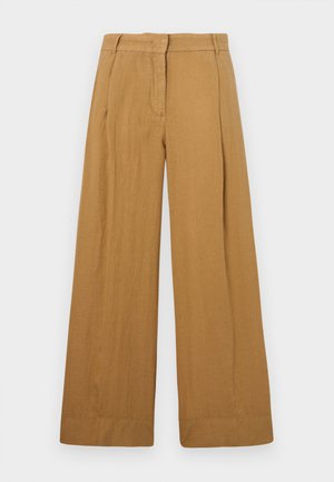 Pantalones de pierna ancha en un tono marrón claro, con una estructura similar al lino, que presentan un frente plano, trabillas para cinturón y una sutil textura vertical.