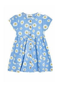 Blauwe jurk met korte mouwen, bloemige madeliefjespatroon, knoopsluiting aan de voorkant, een ingezette taille en een pocket. Gemaakt van lichtgewicht katoen.