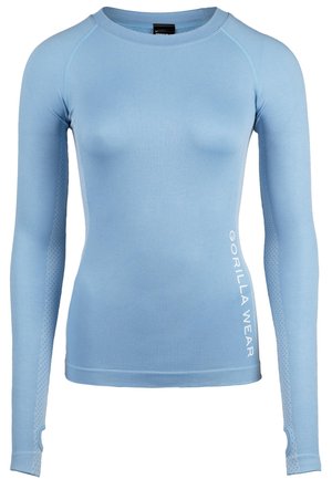 Gaiši zils garā piedurkne sporta krekls, izgatavots no elastīga materiāla, ar teksturētām sānu daļām un „GORILLA WEAR” logo baltā krāsā priekšā.