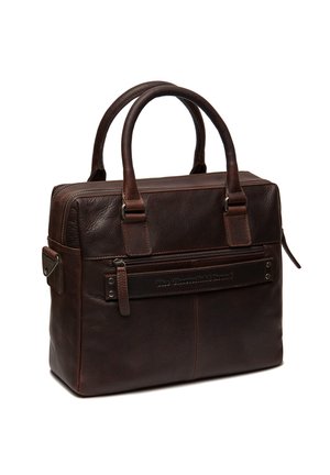 Brown leather briefcase with dual handles, top zipper, front zippered pocket, and embossed logo on leather patch. Smooth texture, rectangular shape.