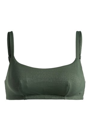 Vihreä kiiltävä bralette, jossa on ohuet hihnat, sileä pinta ja minimalistinen muotoilu. Sisältää pienen kiillon ja yksinkertaista ompelua.