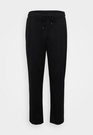 Pantalon noir droit avec taille élastique et cordon de serrage à l'avant, fabriqué en tissu lisse.