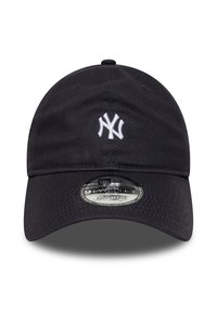 Black adjustable cap with a curved brim. Features embroidered white NY logo on the front and a textured fabric surface.