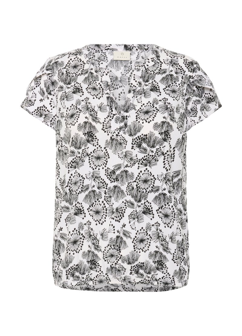 Blouse blanche à manches courtes avec motif floral abstrait noir et légère ouverture en V.