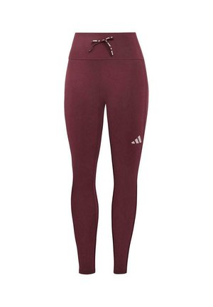 Leggings burdeos de cintura alta con cordón ajustable y un pequeño logo blanco en el muslo derecho.