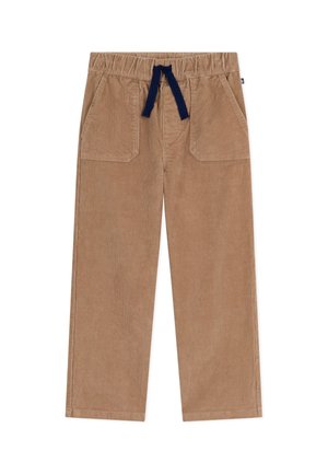 Brune kordbuksers med elastisk talje og mørkeblå snøre, med to forlommer med påsat lomme.