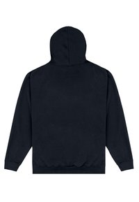 Felpa nera con cappuccio vista da dietro, con maniche lunghe e polsini e orlo a coste, design semplice su sfondo bianco.