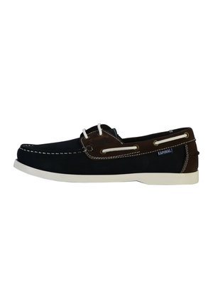 Marineblauwe en bruine boot schoenen met witte stiksels, ronde neus, rubberen zool en vetersluiting. Voorzien van een logo tag aan de zijkant.