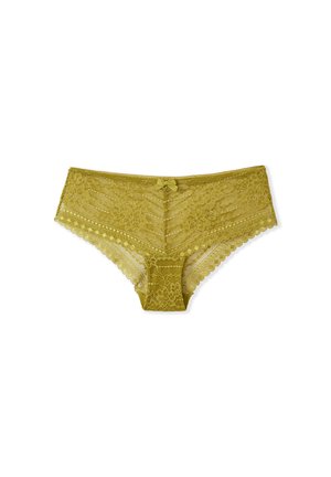 Perizomi in pizzo colore verde oliva, con motivi floreali, bordi smerlati e un piccolo dettaglio a fiocco centrale. Tessuto a strati.