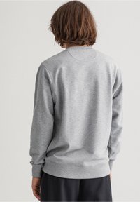 Sudadera gris claro hecha de tela suave, con mangas largas, escote redondo y puños y dobladillo acanalados. Diseño simple, sin estampados.