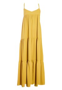Maxi-jurk in mosterdgeel, gemaakt van lichtgewicht stof, met dunne bandjes, een getailleerde bodice en een gelaagde rucheszoom.