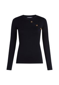Maglietta nera a maniche lunghe con scollo a V, caratterizzata da un design asimmetrico e tre bottoni dorati sulla spalla come accento. Texture morbida e liscia.