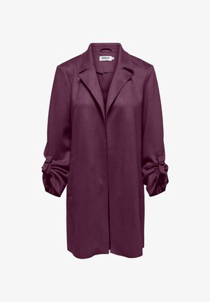 Blazer léger bordeaux avec col à revers, manches roulées maintenues par un élastique et deux poches avant. Tissu lisse avec une coupe décontractée.
