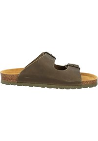 Sandal in pelle marrone a ciabatta con suola in sughero e suola in gomma verde. Presenta due cinghie regolabili e un design open-toe.
