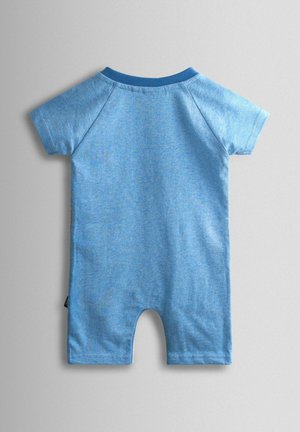 Body din bumbac albastru, cu mâneci scurte, gât rotund și textură netedă. Are un design fără margini și partea de jos deschisă pentru a fi ușor de îmbrăcat.