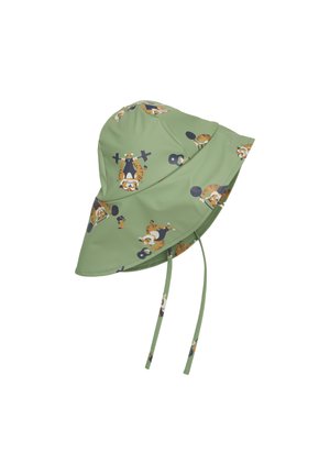 Grüner Bucket Hat aus wasserdichtem Material mit einem verspielten Tiger- und Gewichtheber-Muster, breiter Krempe und verstellbaren Bindebändern.