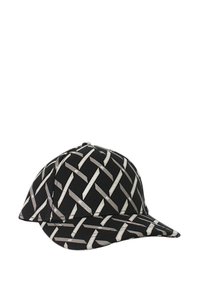Cappellino nero con un motivo intrecciato in argento, design strutturato e visiera curva; realizzato in tessuto con una finitura tattili.