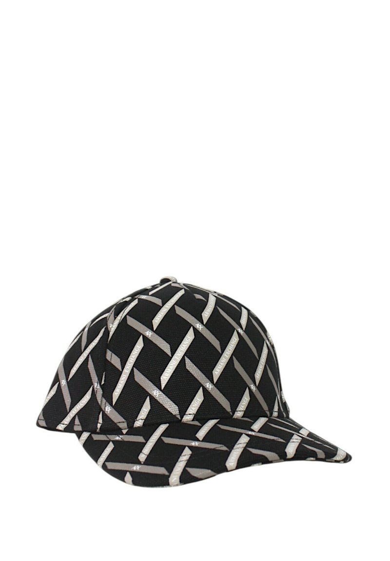 Cappellino nero con un motivo intrecciato in argento, design strutturato e visiera curva; realizzato in tessuto con una finitura tattili.