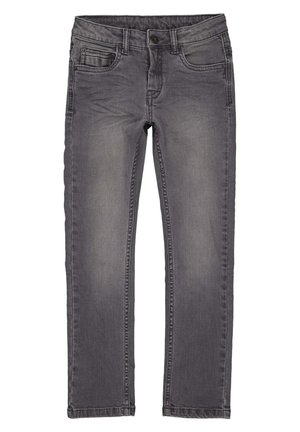 Grå denimjeans med en lige pasform, der har et klassisk design med fem lommer, diskret falmning og lukning med knapper foran.