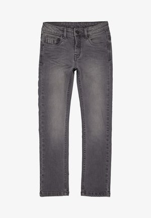 Jean en denim gris à coupe droite, avec un design classique cinq poches, un léger délavage et une fermeture avant à boutons.