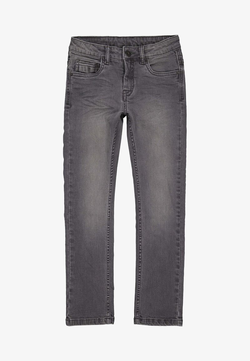 Jean en denim gris à coupe droite, avec un design classique cinq poches, un léger délavage et une fermeture avant à boutons.