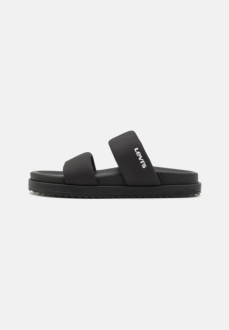 Sandale noire à glissière avec deux larges brides, dont une portant le logo Levi's en blanc sur le côté extérieur.