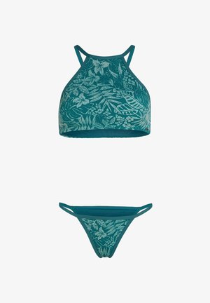 Türkisfarbenes Bikini-Set mit einem hochgeschnittenen Oberteil mit Blumenmuster und dünnen Trägern, kombiniert mit einem passenden niedrig geschnittenen Unterteil. Glatte Stoffstruktur.