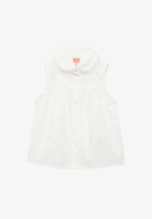 Blusa sin mangas blanca para bebé con cuello Peter Pan, botones en el frente y un sutil patrón de puntos texturizados.