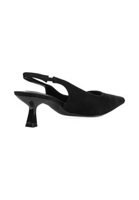 Zapato de tacón slingback de ante negro con punta puntiaguda, tacón bajo de plástico y detalles recortados en el lateral. Textura suave y diseño elegante.