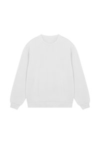 White sweatshirt made from soft fabric. Features a round neckline, long sleeves, and ribbed cuffs and hem. Plain design, no patterns.