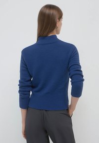 Blauer, strukturiert gestrickter Pullover mit hohem Kragen und gerippten Bündchen, tailliert geschnitten. Über grauen Hosen getragen, von hinten betrachtet.