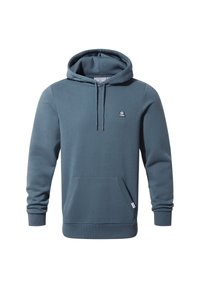 Hooded sweatshirt in blue-grey, cotton blend material, featuring a front pouch pocket, ribbed cuffs, and a small logo on the chest.