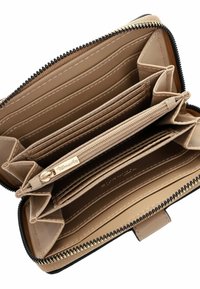 Black zippered wallet with multiple compartments, beige interior, several card slots, and a central zipped pocket for coins. Gold hardware detail.