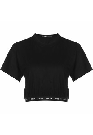 Black cropped t-shirt made of cotton, featuring short sleeves and a round neckline, with a branded elastic band at the hem.