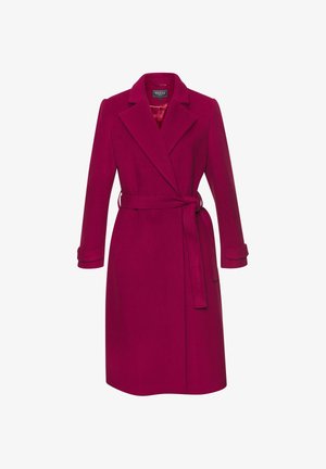 Magenta Wollmantel mit taillengürtel, Reverskragen, langen Ärmeln und aufgeschlagenen Manschetten. Glatte Textur und knieumspielendes Design.