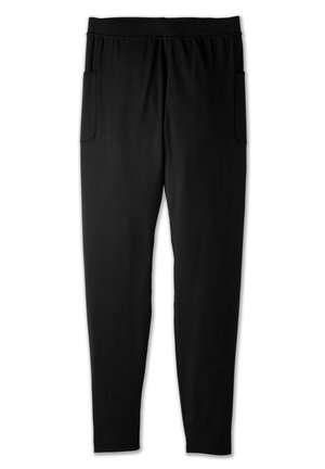 Schwarze Leggings mit glatter Textur, elastischem Bund und zwei Seitentaschen. Eng anliegendes Design, das zum Knöchel hin schmaler wird.