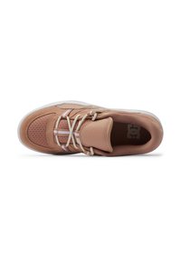 DC shoes in light pink suede with perforated detailing, white laces, and rubber sole. Features a logo on the tongue and a padded collar.