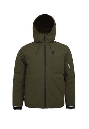 Olivgrüne isolierte Jacke mit Kapuze, Frontreißverschluss und Brusttasche. Verfügbar mit verstellbaren Bündchen und einem einfachen, funktionalen Design.