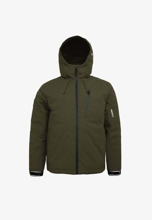 Giacca isolante verde oliva con cappuccio, zip frontale e tasca sul petto. Presenta polsini regolabili e un design semplice e funzionale.