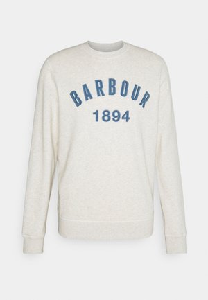 Cremefarbenes Sweatshirt mit langen Ärmeln und blau bedrucktem Schriftzug "BARBOUR 1894" auf der Brust vor einfarbigem Hintergrund.