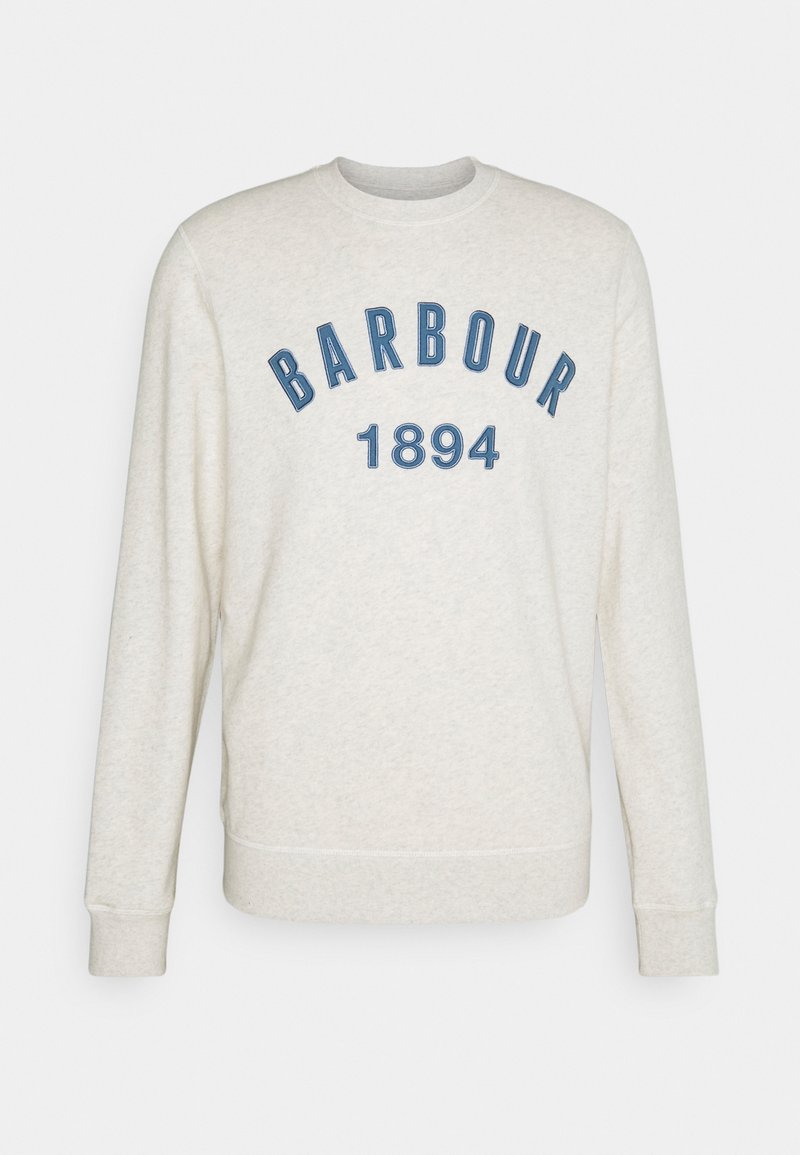Sweat-shirt à manches longues couleur crème avec texte bleu « BARBOUR 1894 » imprimé sur la poitrine sur fond uni.