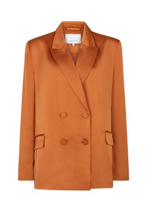 Dubbelrijk satijnen blazer in verbrand oranje met puntige revers, twee voorflapzakken en knopen bekleed met dezelfde stof.
