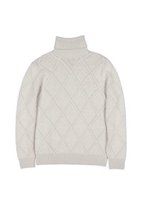 Helle beigefarbene gestrickte Pullover mit einem Rautenmuster, Rippenkragen und -bündchen. Texturierter Stoff mit klassischem Schnitt.