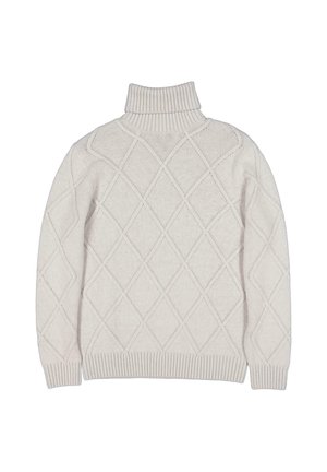 Helle beigefarbene gestrickte Pullover mit einem Rautenmuster, Rippenkragen und -bündchen. Texturierter Stoff mit klassischem Schnitt.