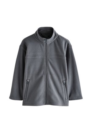 Giacca in pile grigio scuro con zip frontale e due tasche con cerniera, con colletto alto e maniche lunghe.